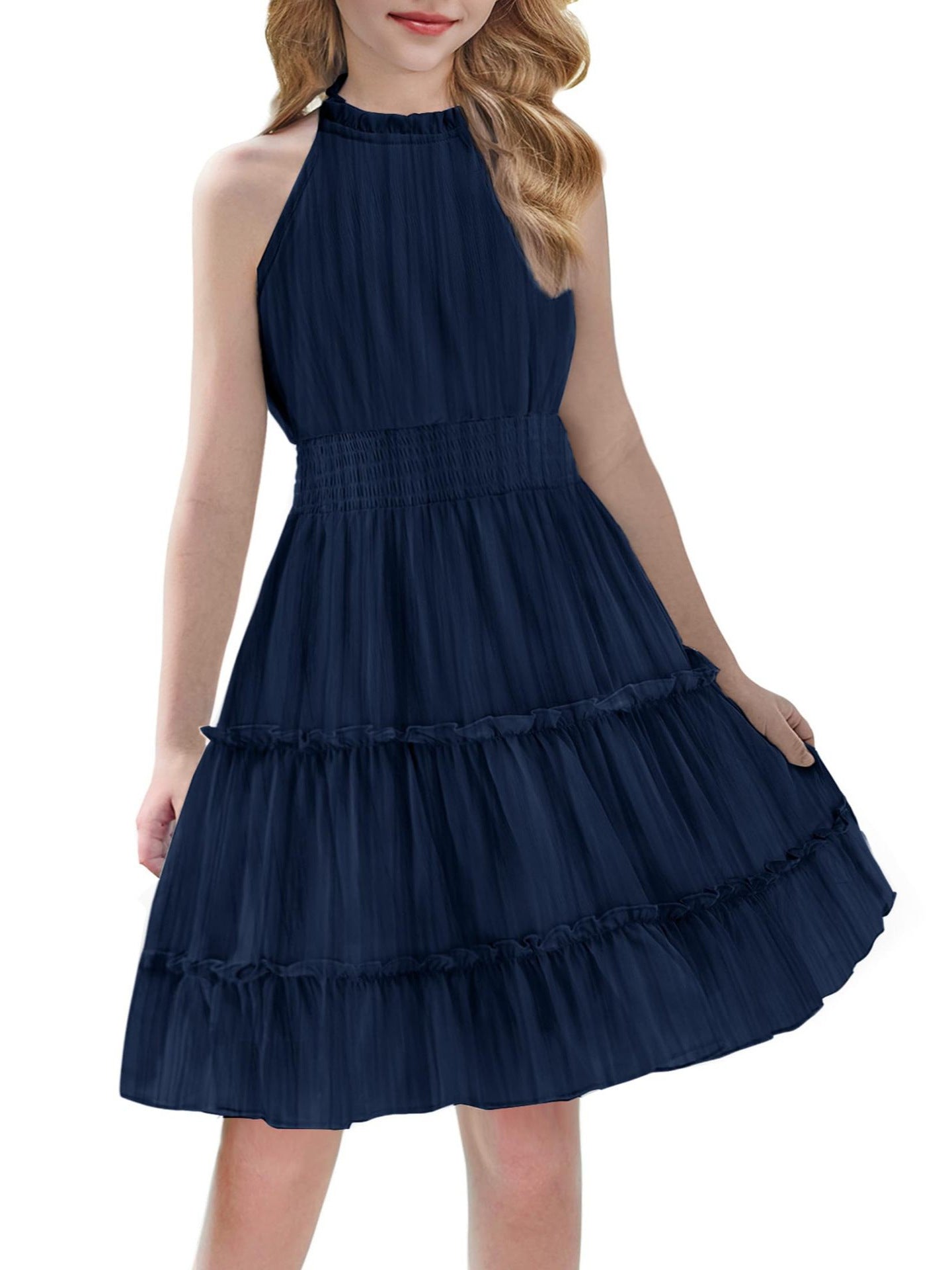 Solid Color Pleated Sleeveless Simple Temperament Commute Elegant Children's Dress
