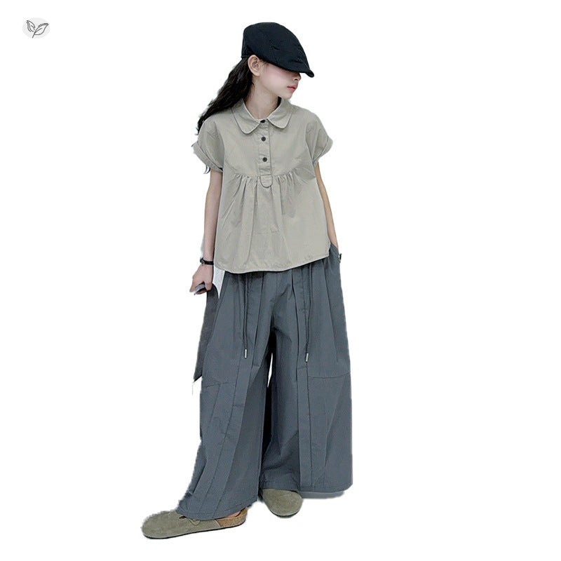 Cotton Summer The Big Doll Collar T-shirt Wide Leg Pants Children's Suit