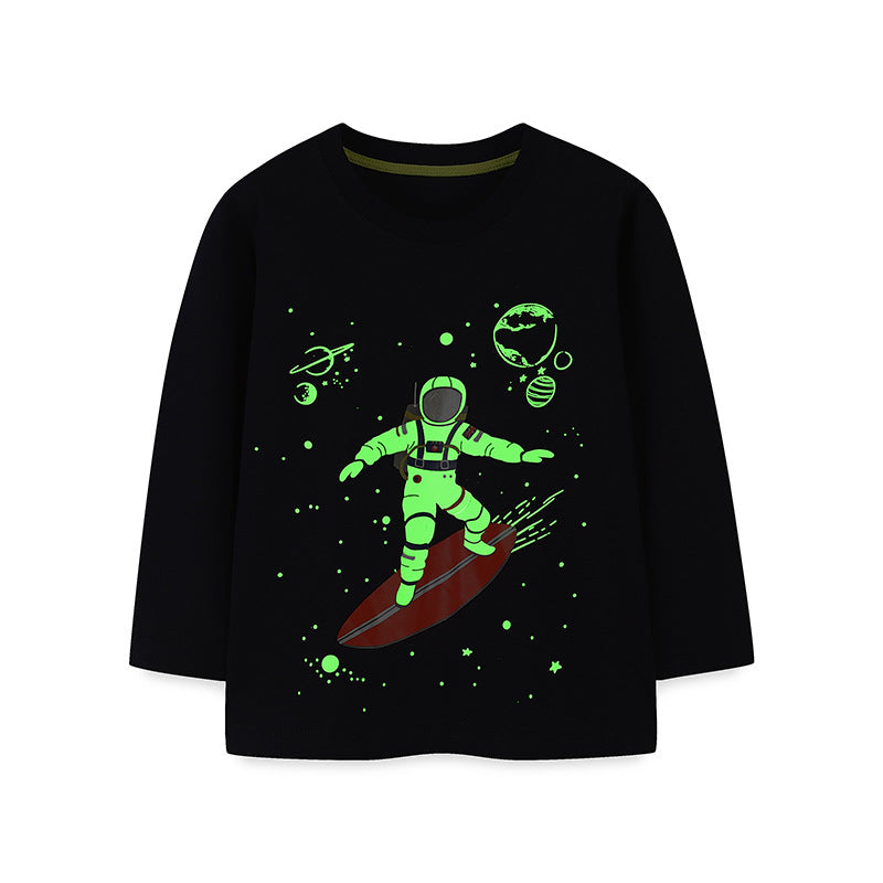 Cotton Long Sleeve Autumn Trendy Astronaut Star Print Boy Luminous Children's T-shirt