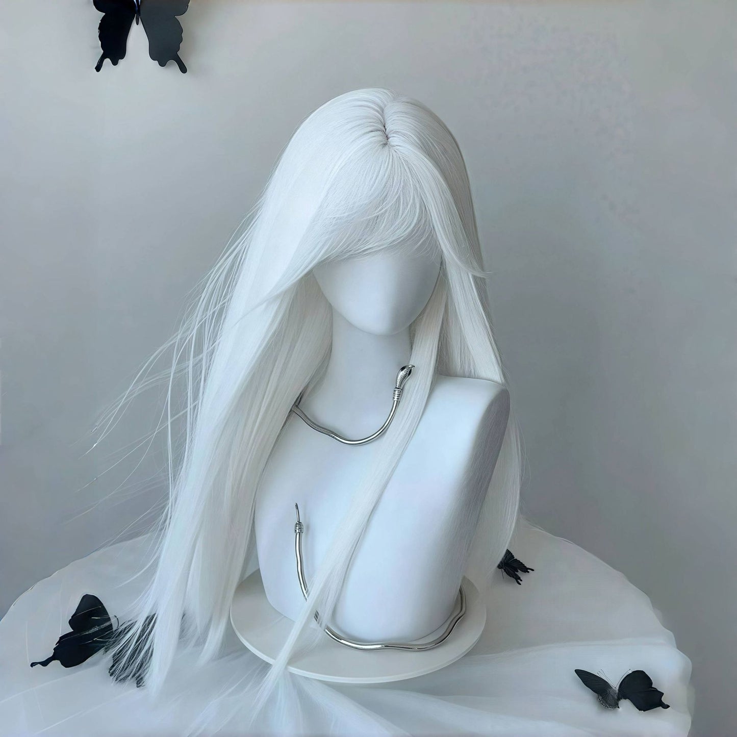 Women's Pure White Bangs Hair Fashion Natural Gothic Style Long Straight Wig