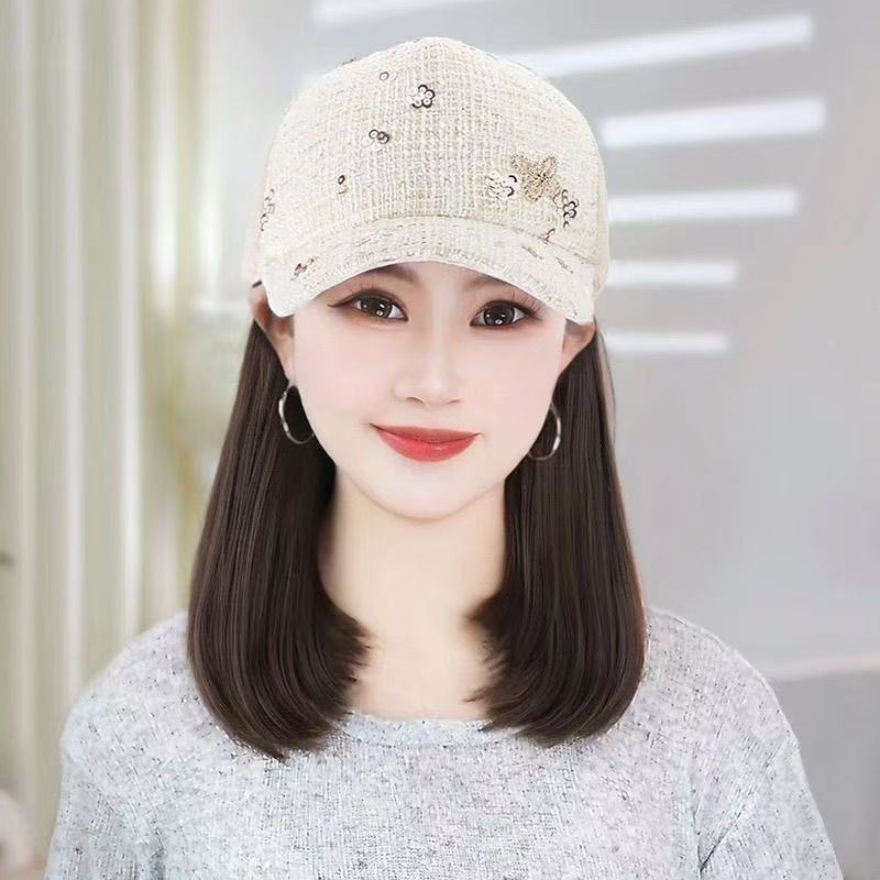 Peaked Cap Hat Integrated Korean Style Inner Buckle Small Wig Short Straight Hair