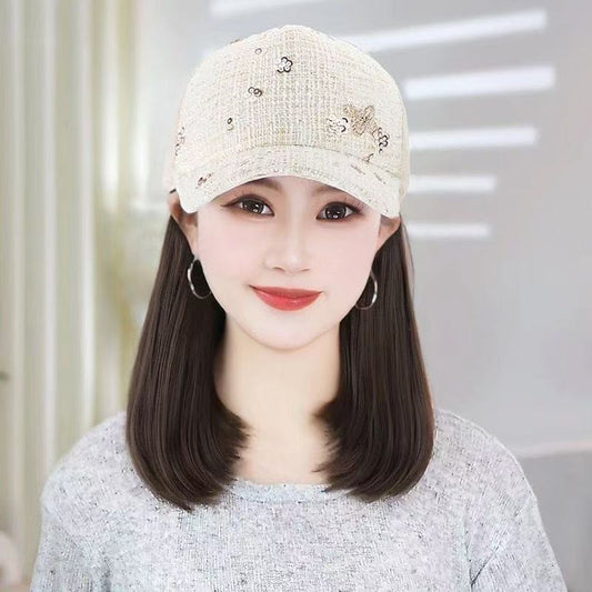 Peaked Cap Hat Integrated Korean Style Inner Buckle Small Wig Short Straight Hair