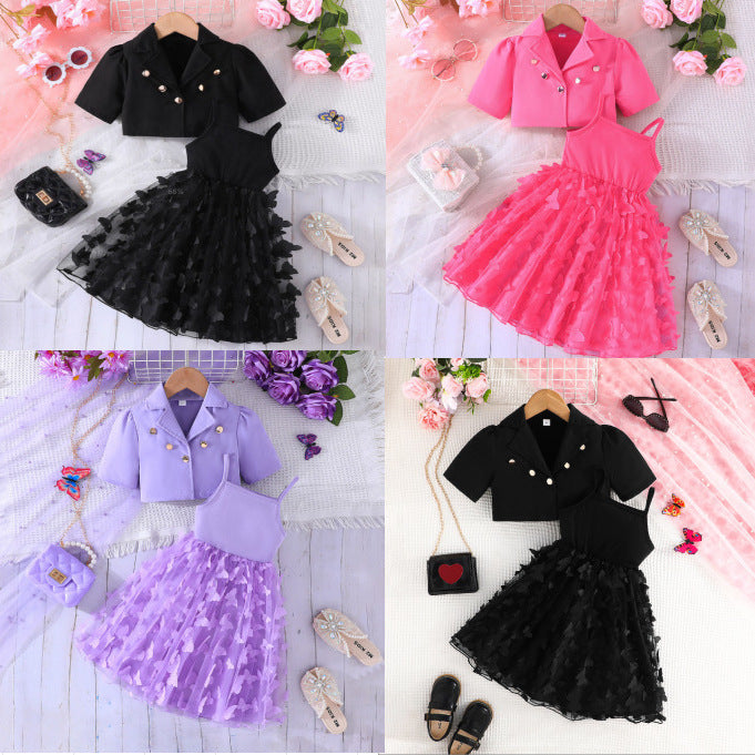Butterfly Mesh Camisole Long Skirt Two-piece Children's Suit
