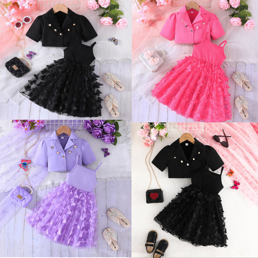 Butterfly Mesh Camisole Long Skirt Two-piece Children's Suit