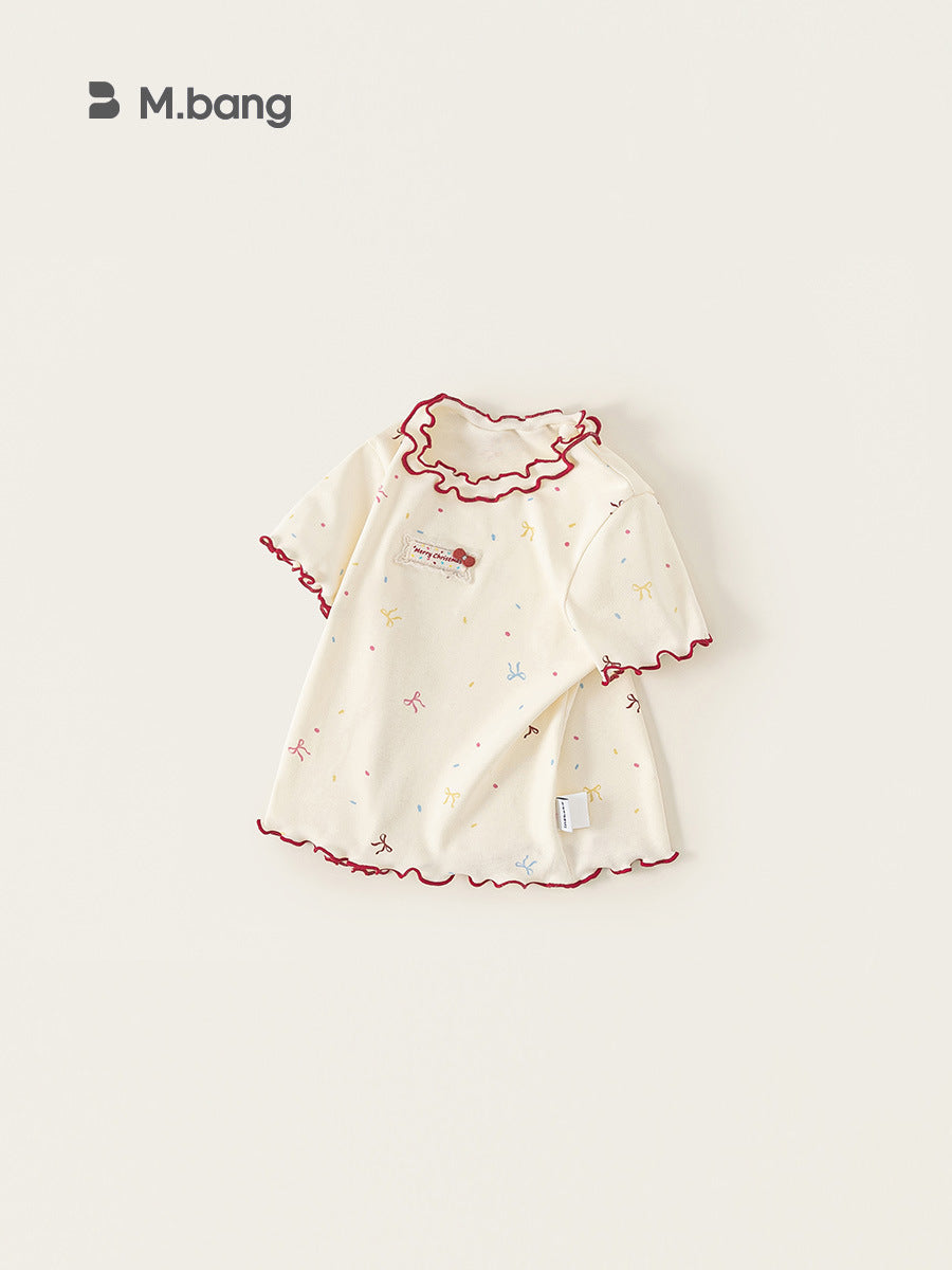 Children's Short-sleeved Contrast Color Wooden Ear Summer Clothes Sweet Bow Children's T-shirt