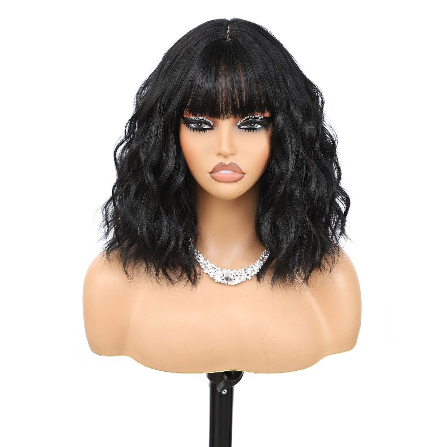 Women's Inch Wine Red Wave Head With Bangs Wig Short Curly Hair