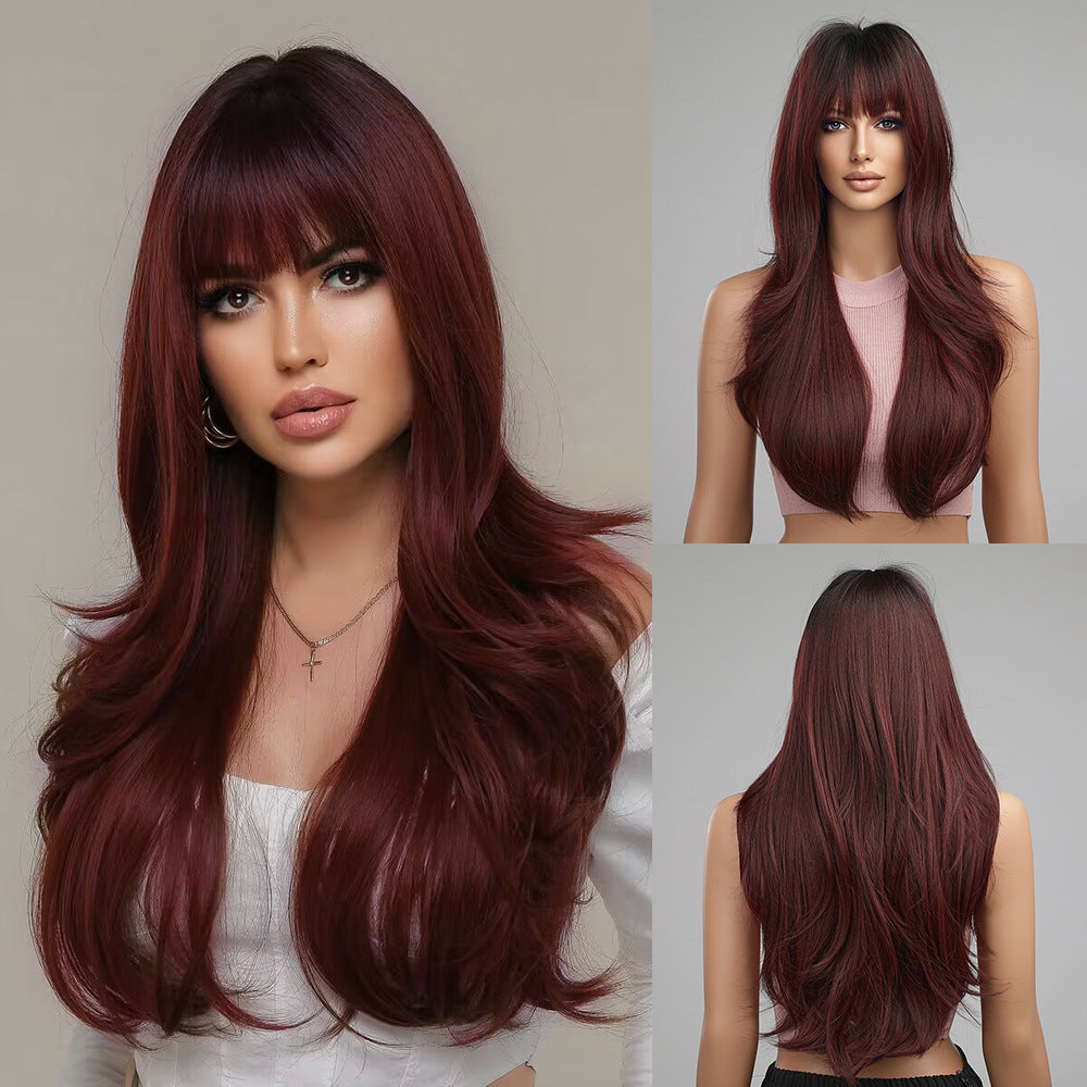 Straight Bangs Hair Gradient Burgundy Head Wig Long Curls