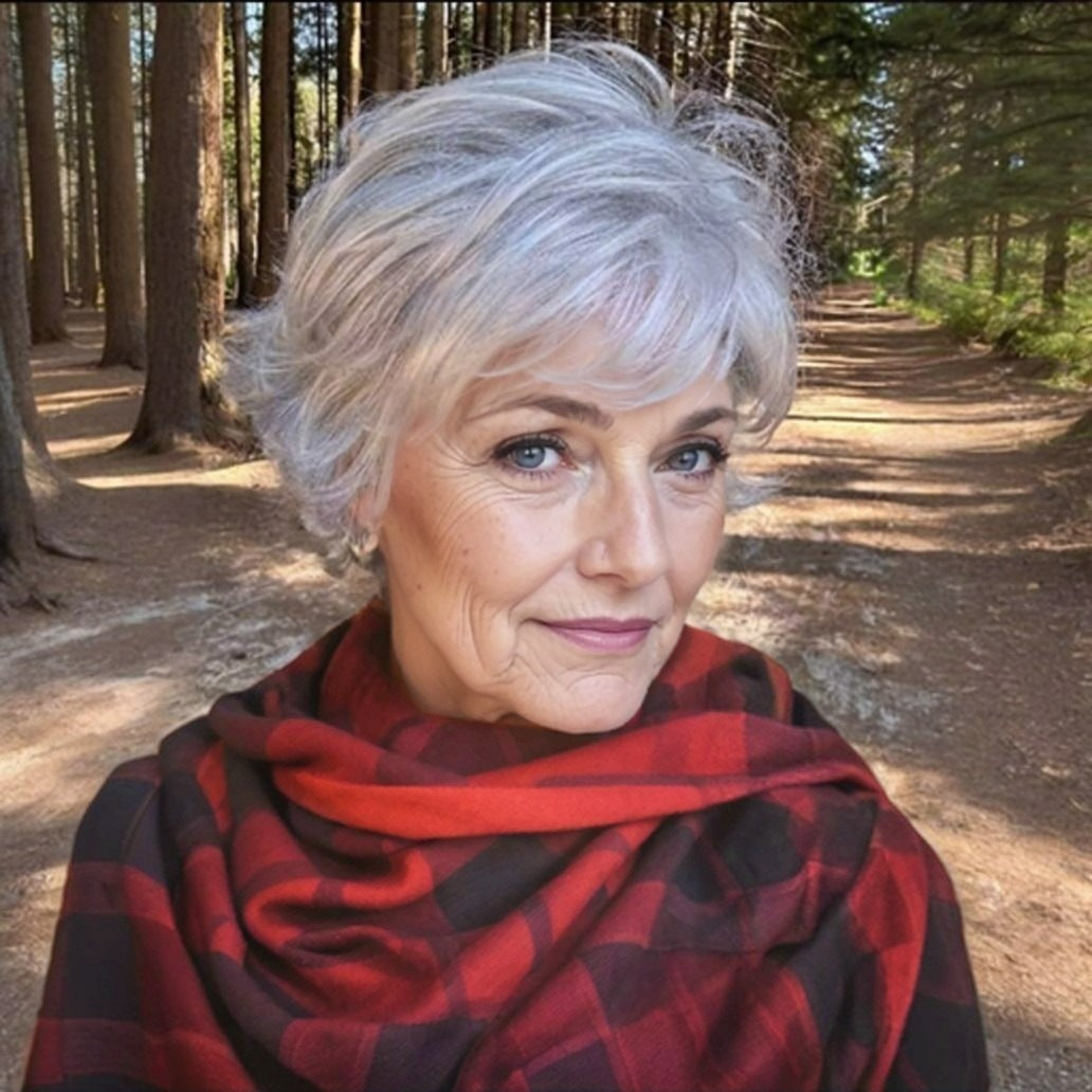 Women's Old Lady Grandma Head Cover Gray White Wig Short Straight Hair