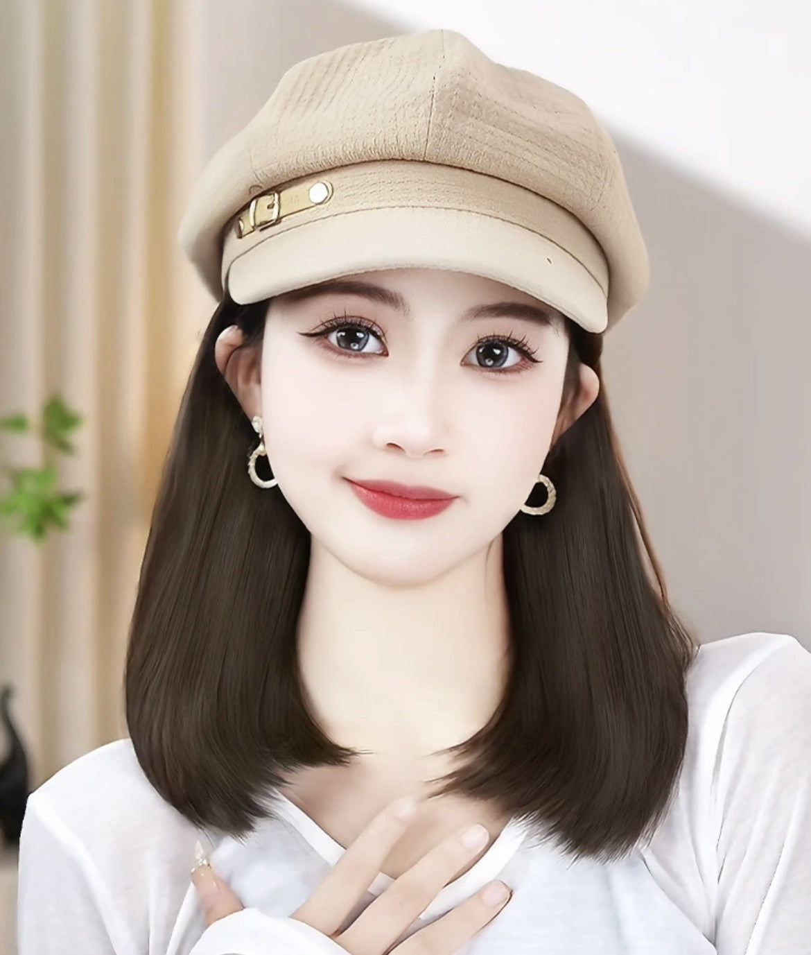Collarbone Hat Leather Ring Octagonal Cap Wig Short Straight Hair