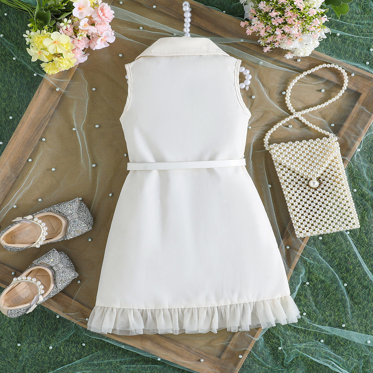 Summer Solid Color Sleeveless Suit Fashion Belt Two-piece Children's Dress