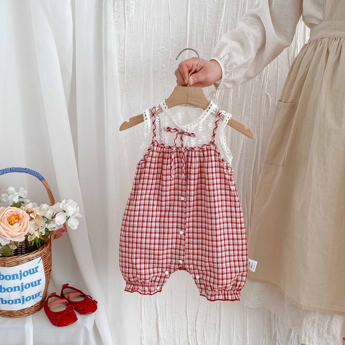 Korean Style Summer Clothes Fresh Lace Stitching Plaid Romper Born Jumpsuit, Climbing Suit
