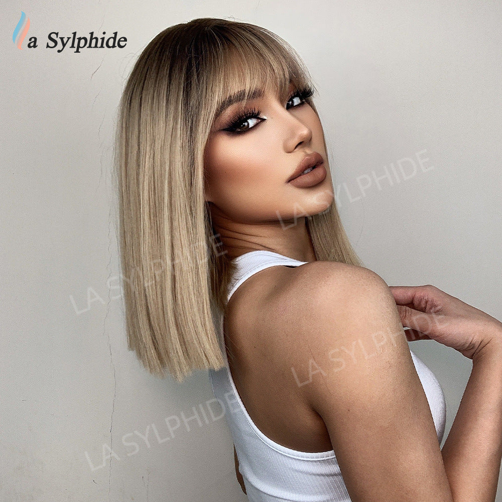 Brown Gradient Golden Chemical Fiber Female Wig Short Straight Hair