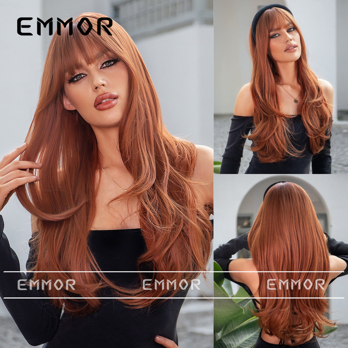 Bangs Dirty Orange Gradient Curly Hair Wig Long Curls