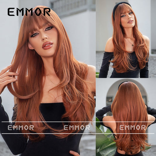 Bangs Dirty Orange Gradient Curly Hair Wig Long Curls
