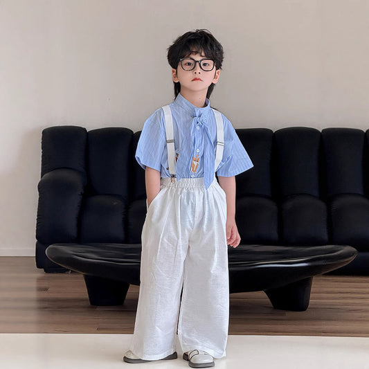Children's Set Summer Blue Striped Outfit Performance Clothes Children's Shirt