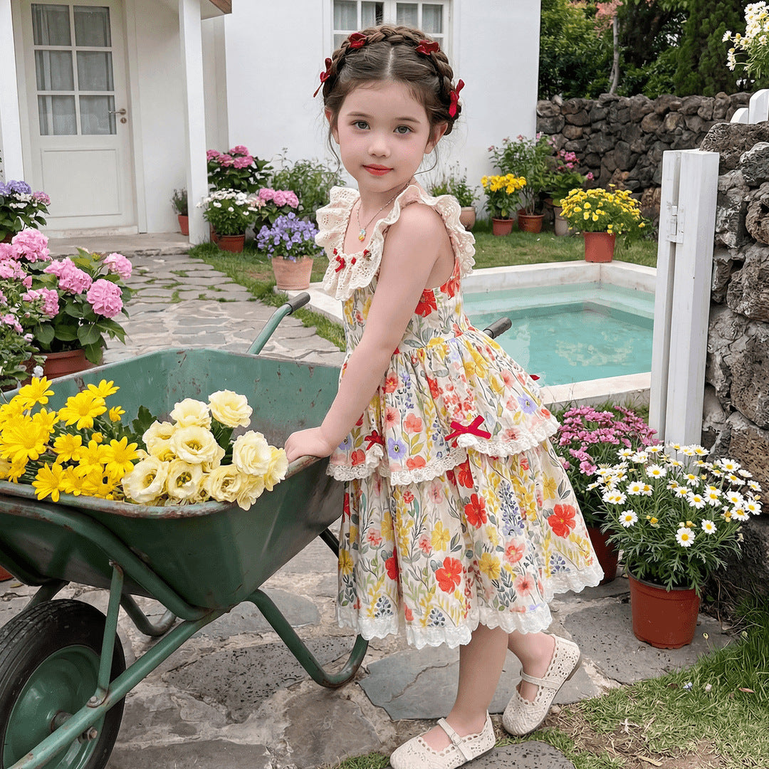 Children's Summer Floral Lace Pastoral Style Cotton Skirt Little Children's Dress
