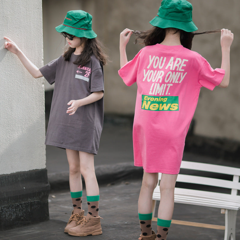Children's Short Sleeve Mid-length Medium Large Western Style Loose-fitting Children's T-shirt