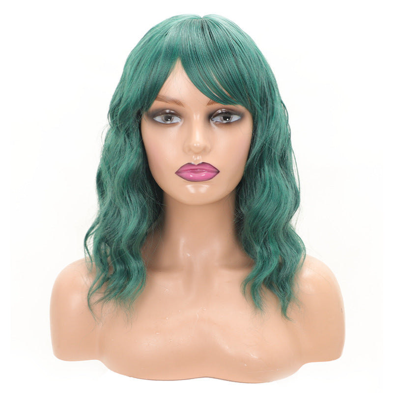 Women's Wine Red Water Ripple Medium Thin Wig Short Curly Hair