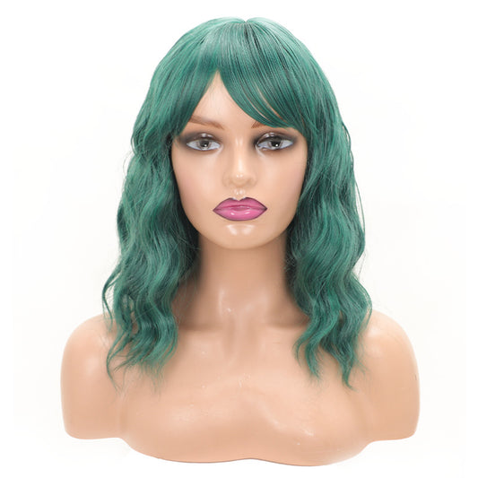 Women's Wine Red Water Ripple Medium Thin Wig Short Curly Hair