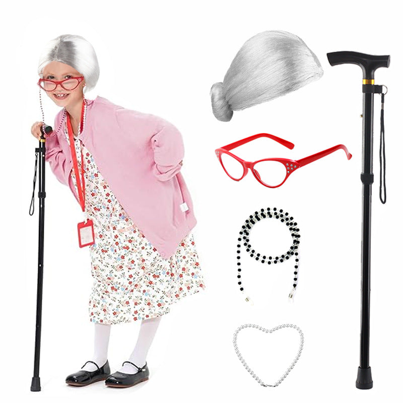 Props Watch Show Old Lady Grandma Flower White Curly Head Real Hair Wig