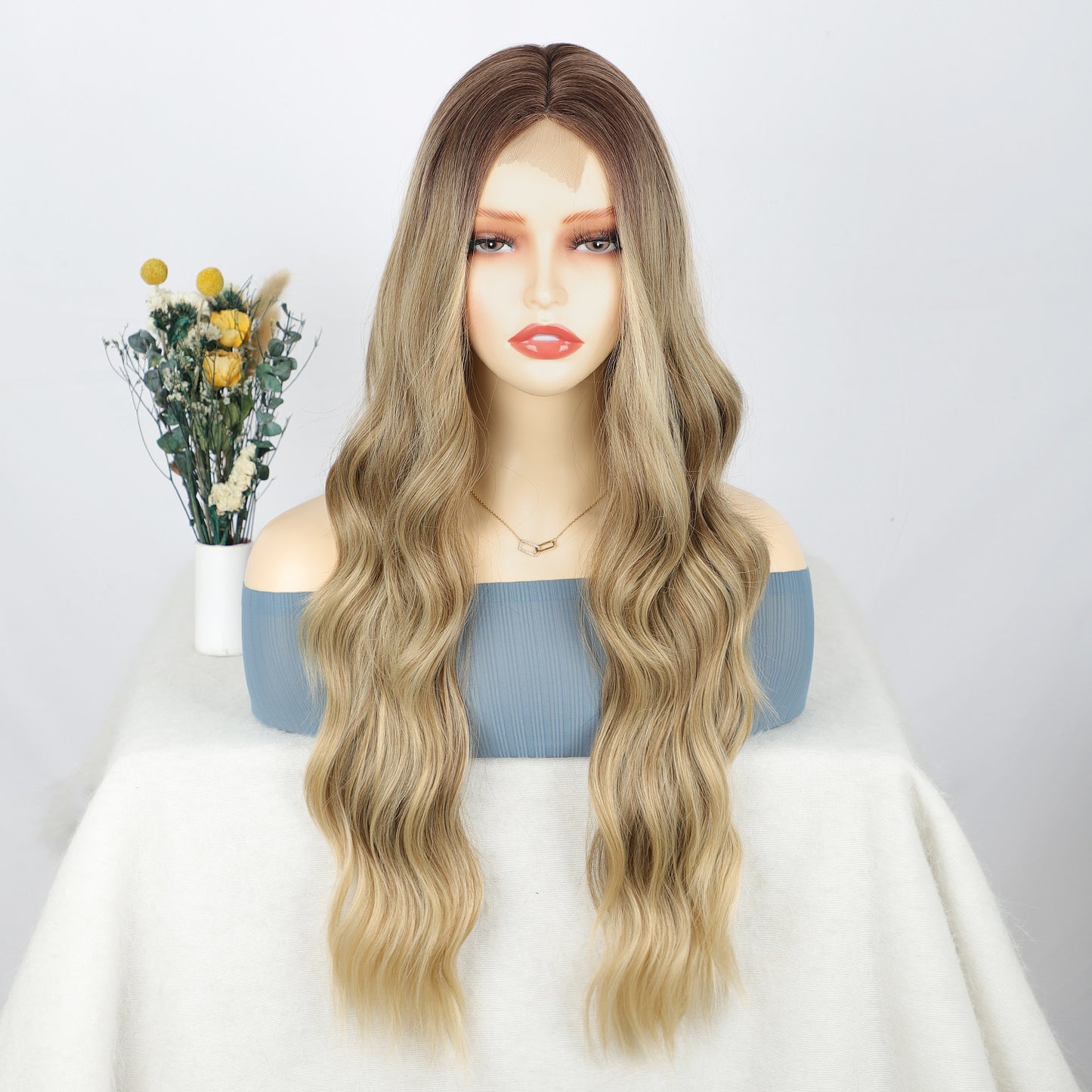 Women's Lace Small Middle Points Highlight Curly Hair Synthetic Wig Long Curls