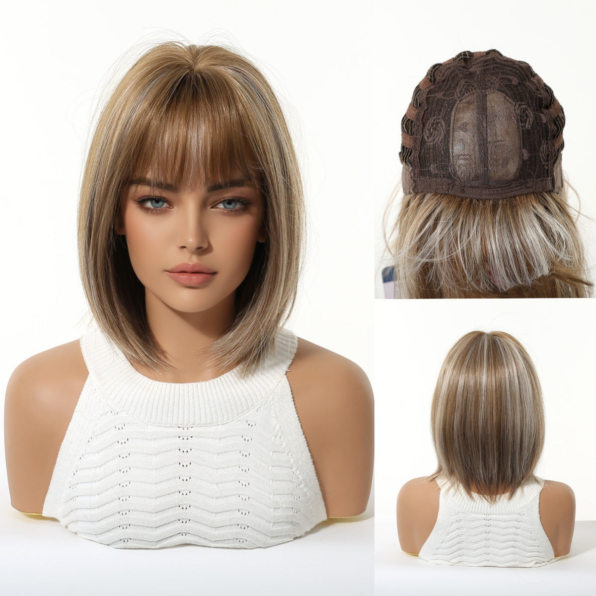 Gradient Brown Highlight Air Bangs Natural Wig Short Straight Hair