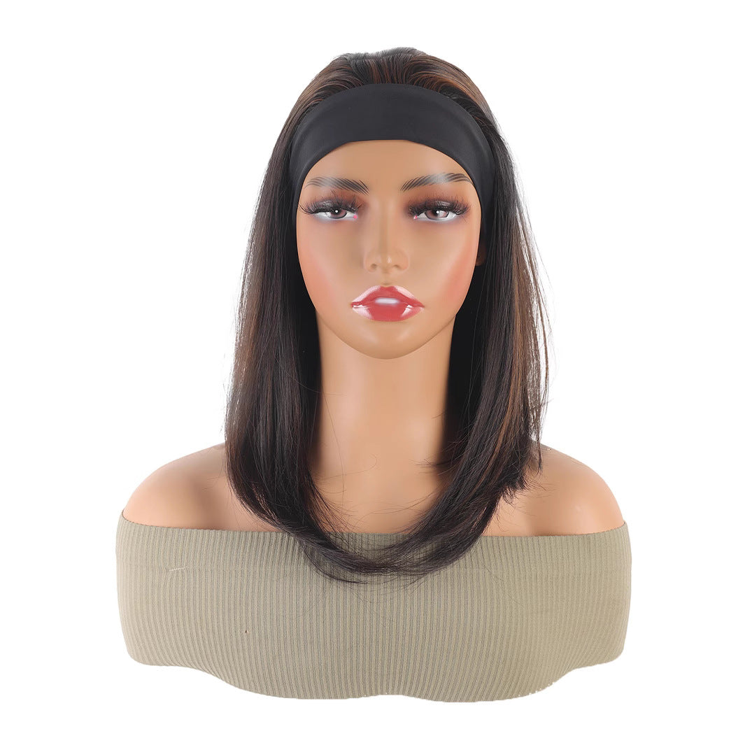 Women's Inner Buckle Black Highlight Brown Headgear Wig Short Straight Hair