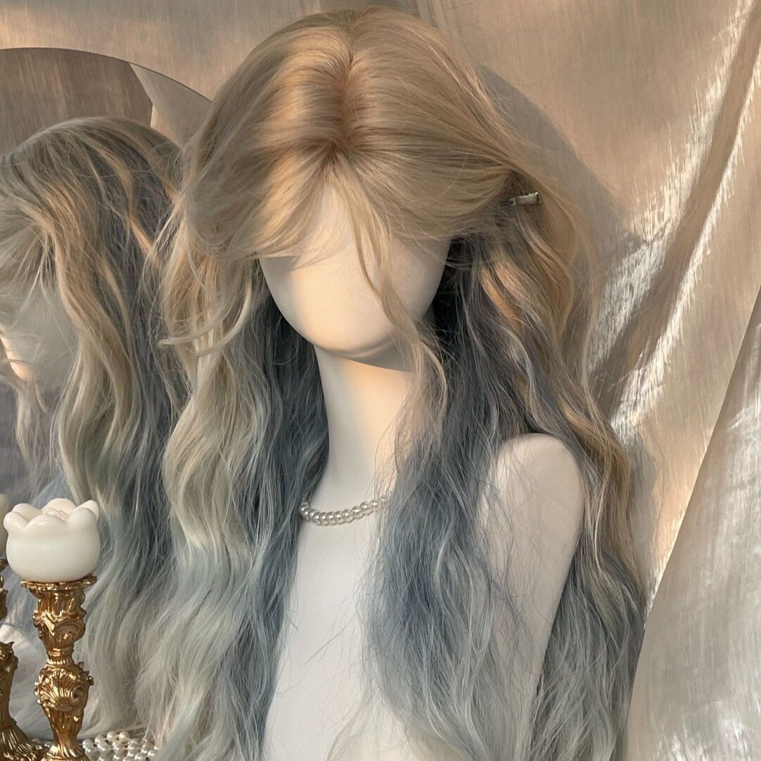 Women's Blue Gradient Layered Dyed Atmosphere Curly Hair Wig Long Curls