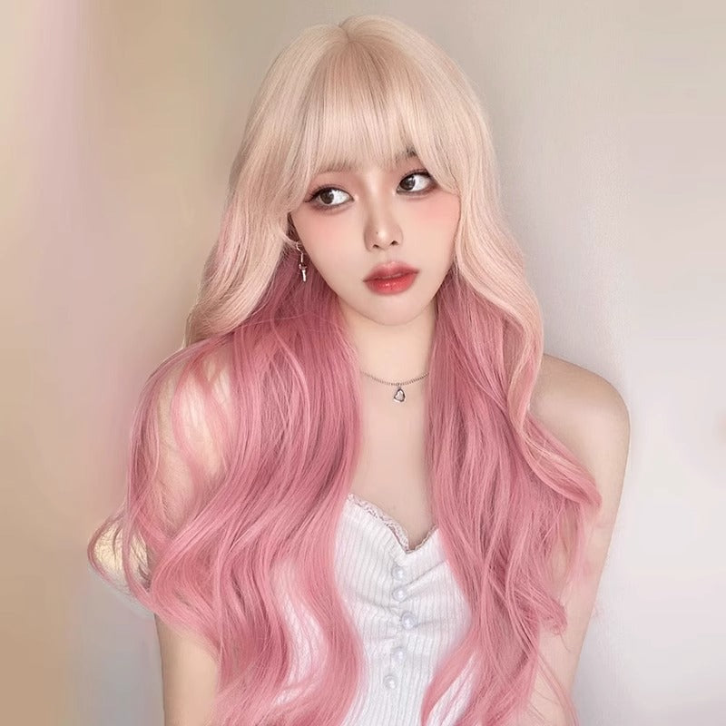 Pink Platinum Color Gradient Curly Hair Straight Big Wave Full Wig Long Curls