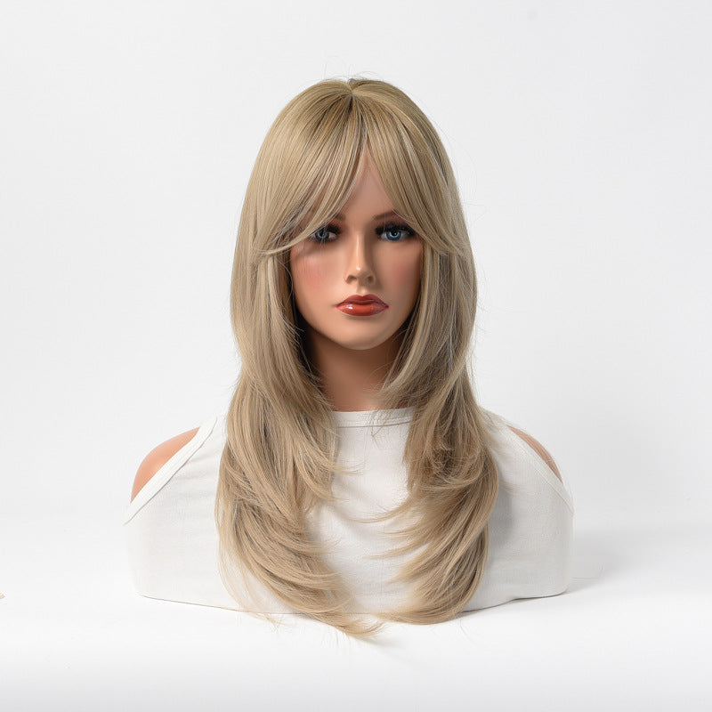 Female Fluffy Bangs Golden White Medium Inner Buckle Synthetic Wig Long Curls