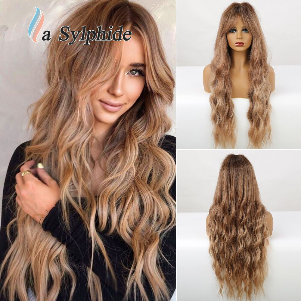 Female Bangs Super Curly Brown Fiber Mechanism Head Cover Wig Long Curls