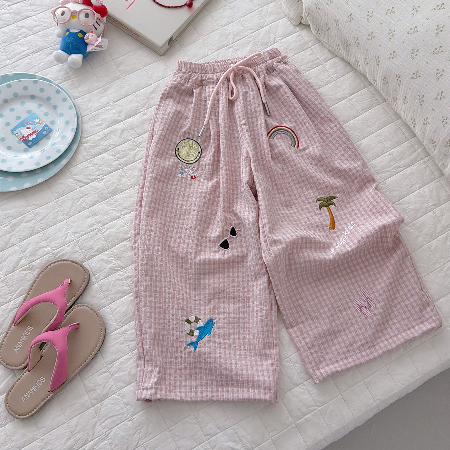 Children's Summer Plaid Casual Beach Style Embroidered Loose Anti Children's Pants