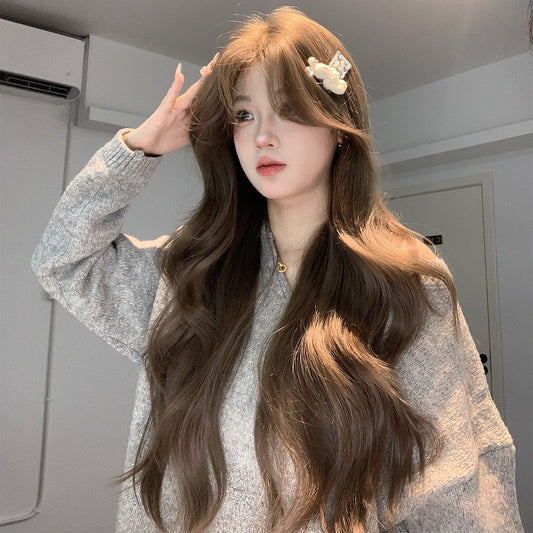 Women's Cold Heart Big Wave Temperament Milk Tea Gray Brown Daily Long Straight Wig