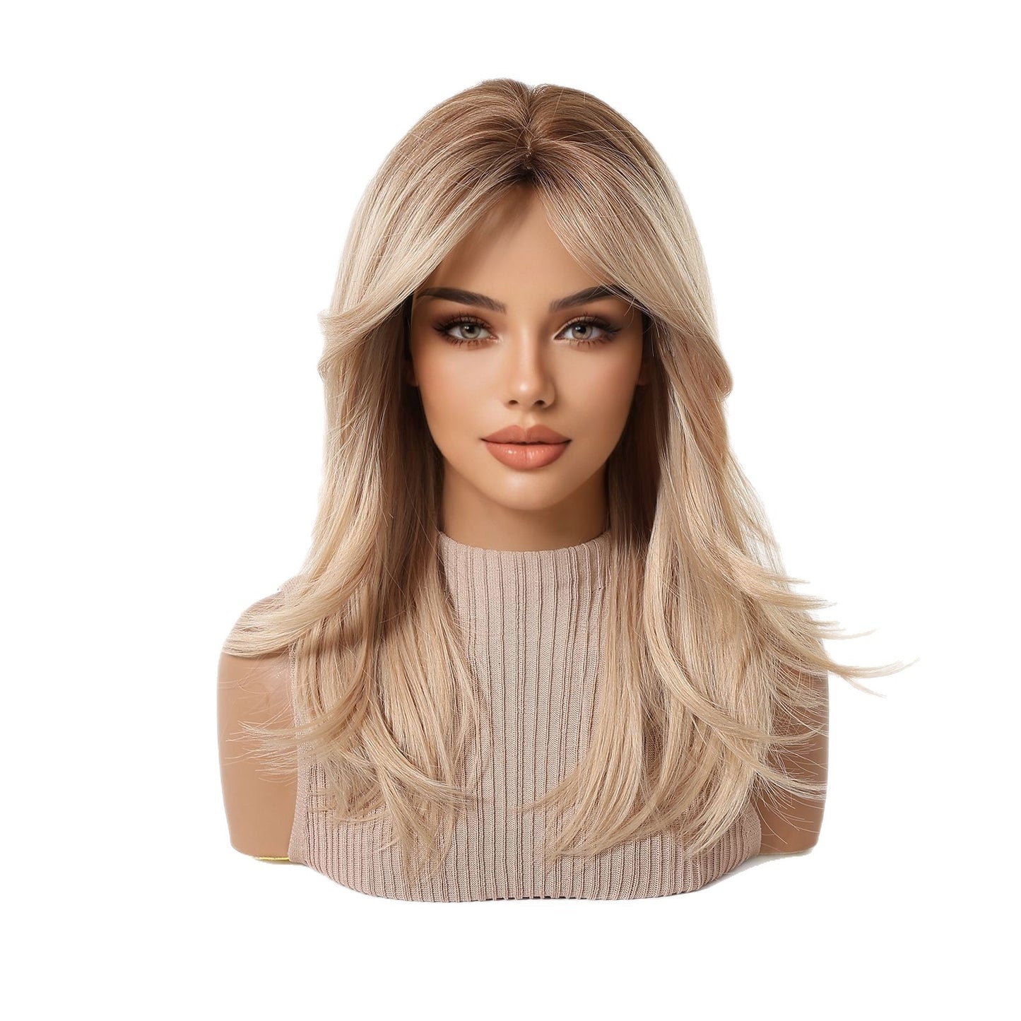 Bangs Gradient Light Golden Brown Chemical Fiber Long Straight Wig