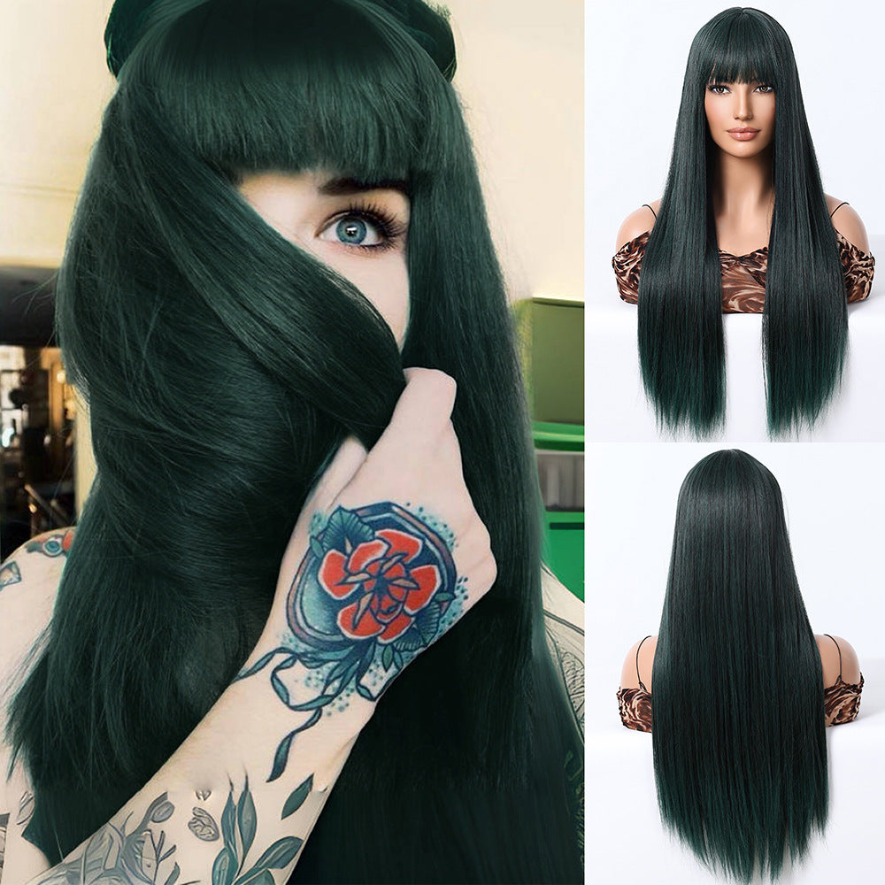 Women's Daily Dark Green Hair Bangs Full Top Chemical Long Straight Wig