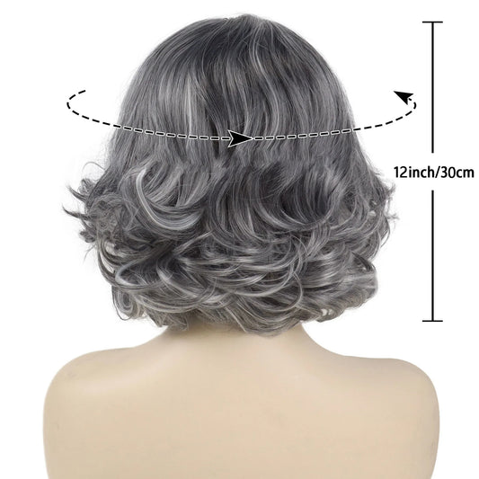Head Cover Black Gray Mid-length Light Wig Short Curly Hair