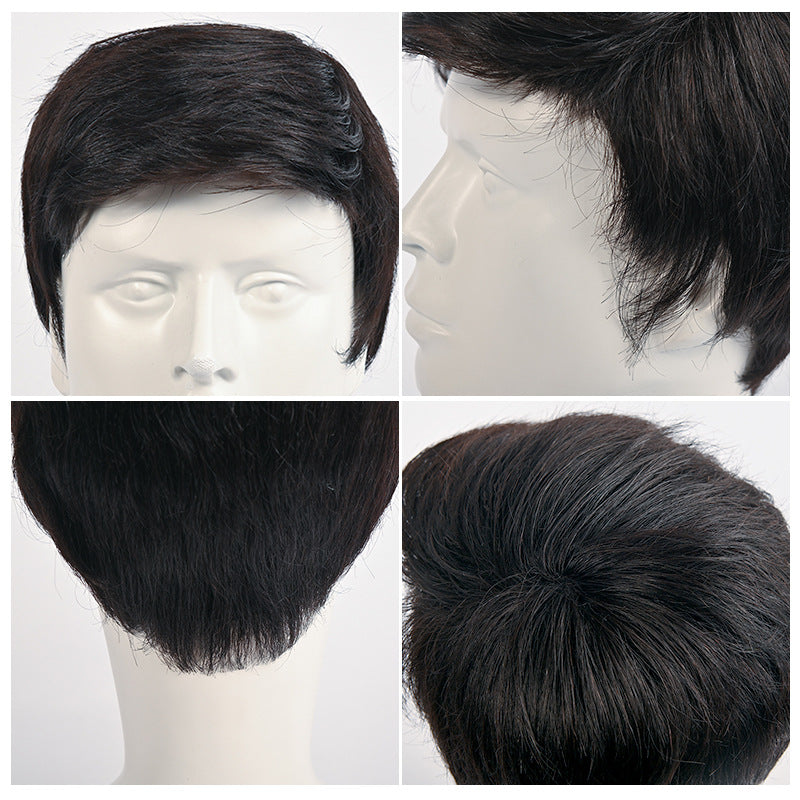 Men's Jisheng Cover Gray Flat Short Sheath Human Natural Real Hair Wig