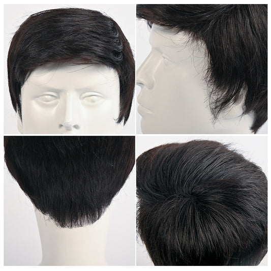 Men's Jisheng Cover Gray Flat Short Sheath Human Natural Real Hair Wig