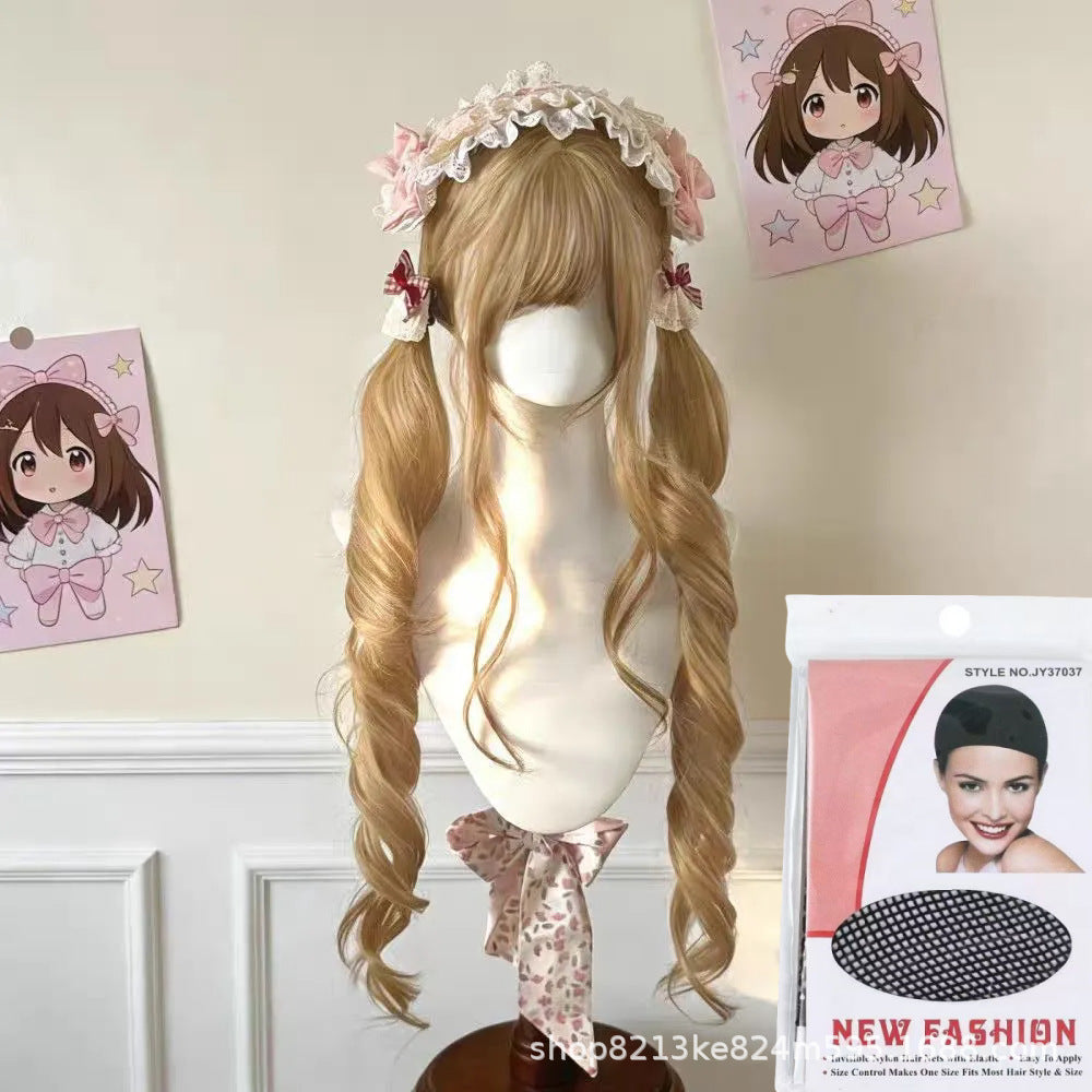 Female Straight Bangs Curly Hair White Gold Color Little Radish Wig Long Curls