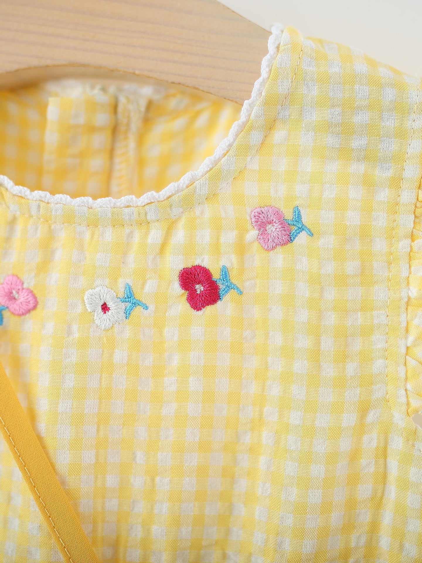 Children's Summer Cartoon Embroidered Plaid Flounced Sleeve Single Layer Cotton Children's Dress