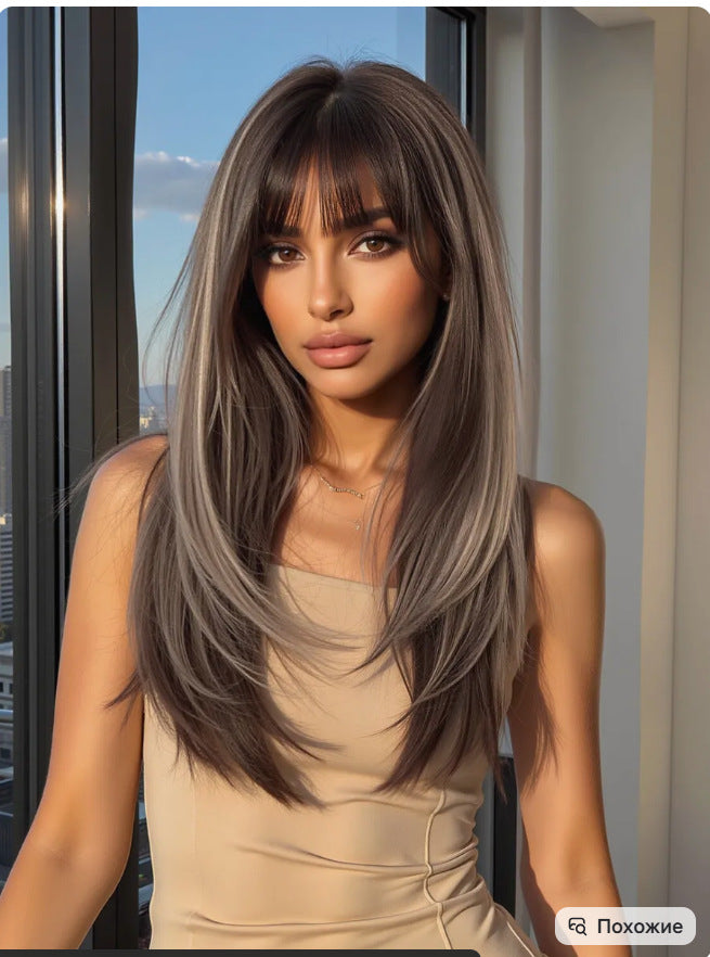 Women's Fashion Gray White Mixed Color Short Curly Hair Side Bangs Long Straight Wig