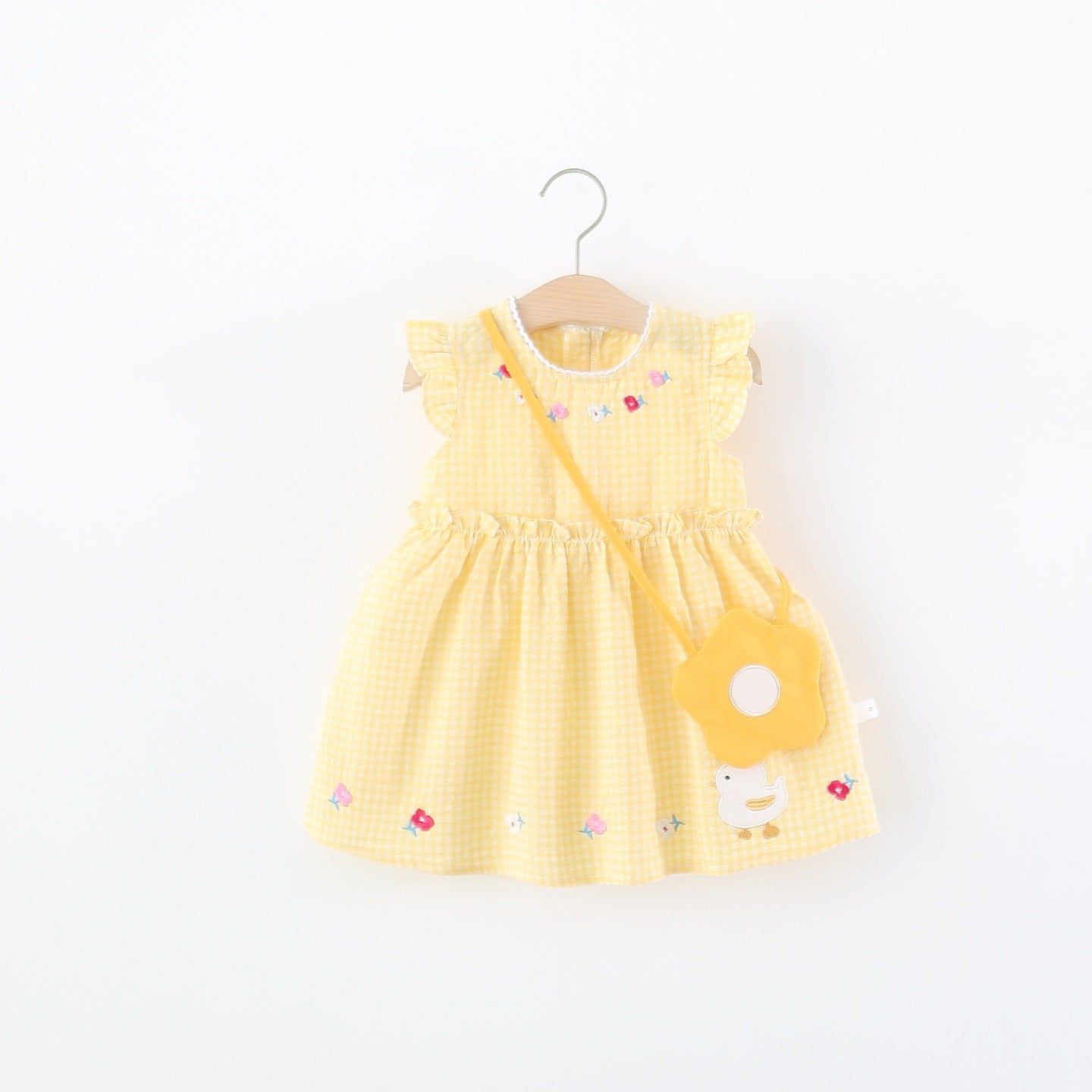 Children's Summer Cartoon Embroidered Plaid Flounced Sleeve Single Layer Cotton Children's Dress