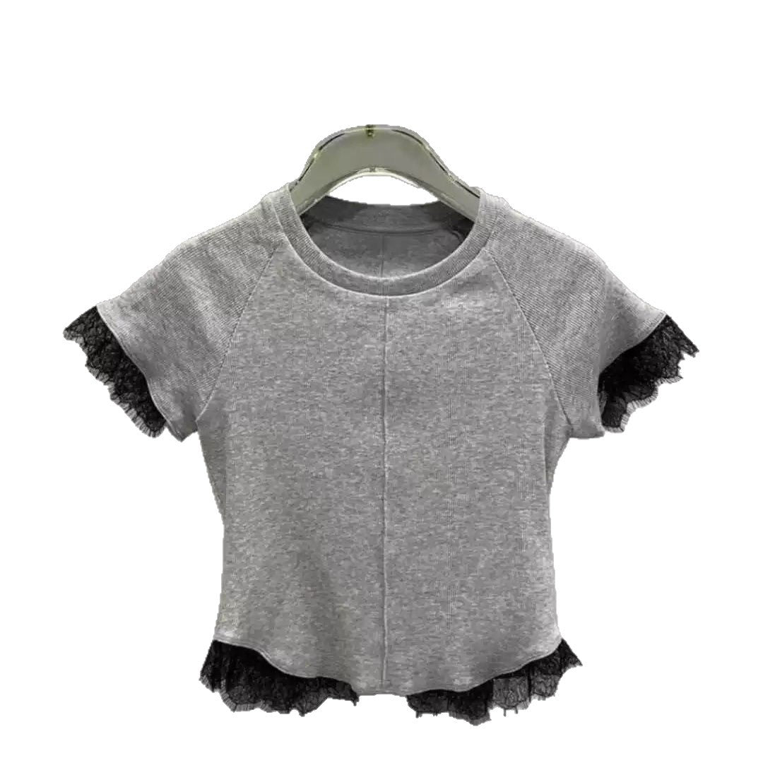 Children's Neck Sweet Lace Patchwork Short-sleeved Korean Style Fashion Children's T-shirt