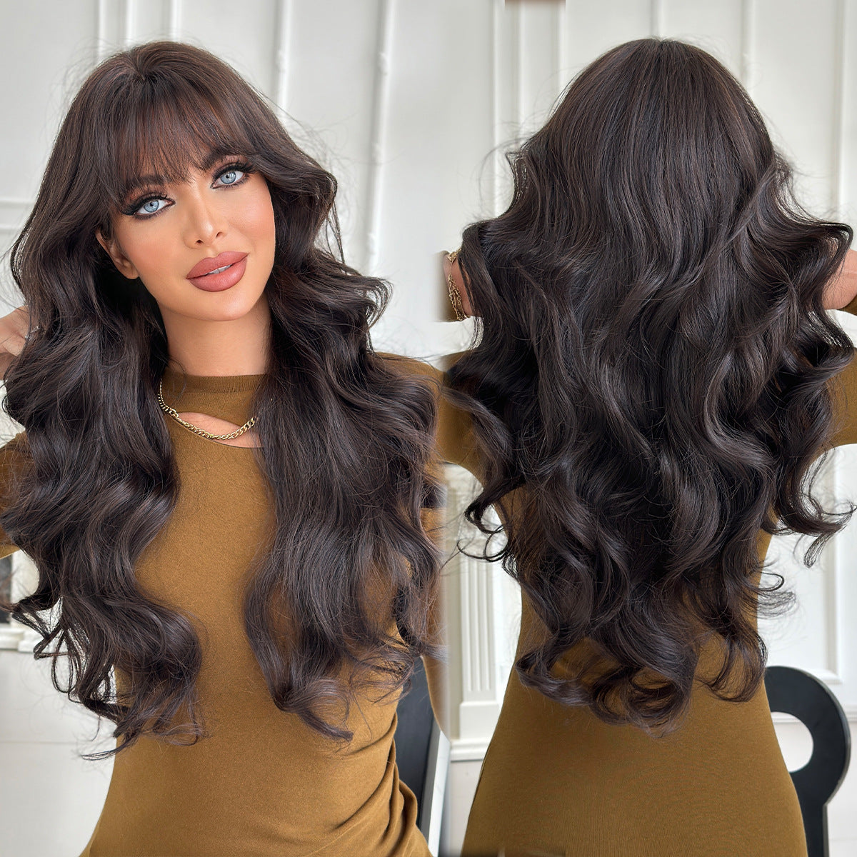 Black Tea Brown Straight Bangs Curly Wig Long Curls