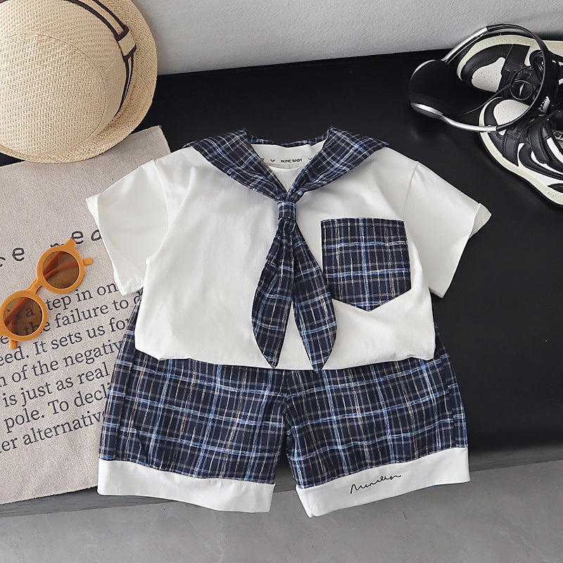 Children's Preppy Style Boys Plaid Short-sleeved Shorts Children's Suit