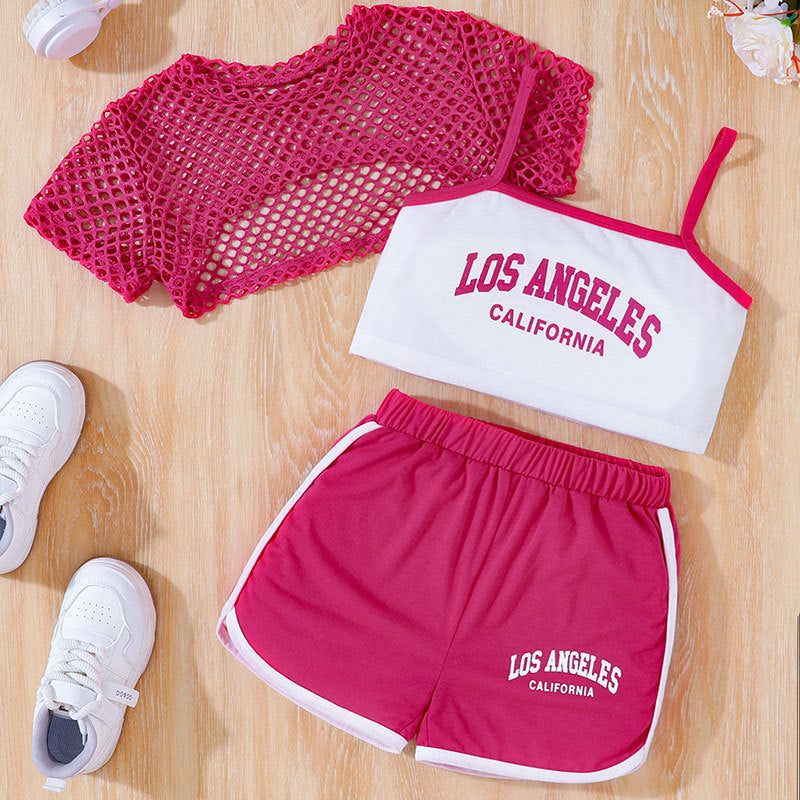 Mesh Hollow Out Camisole Vest Shorts Sports Children's Suit