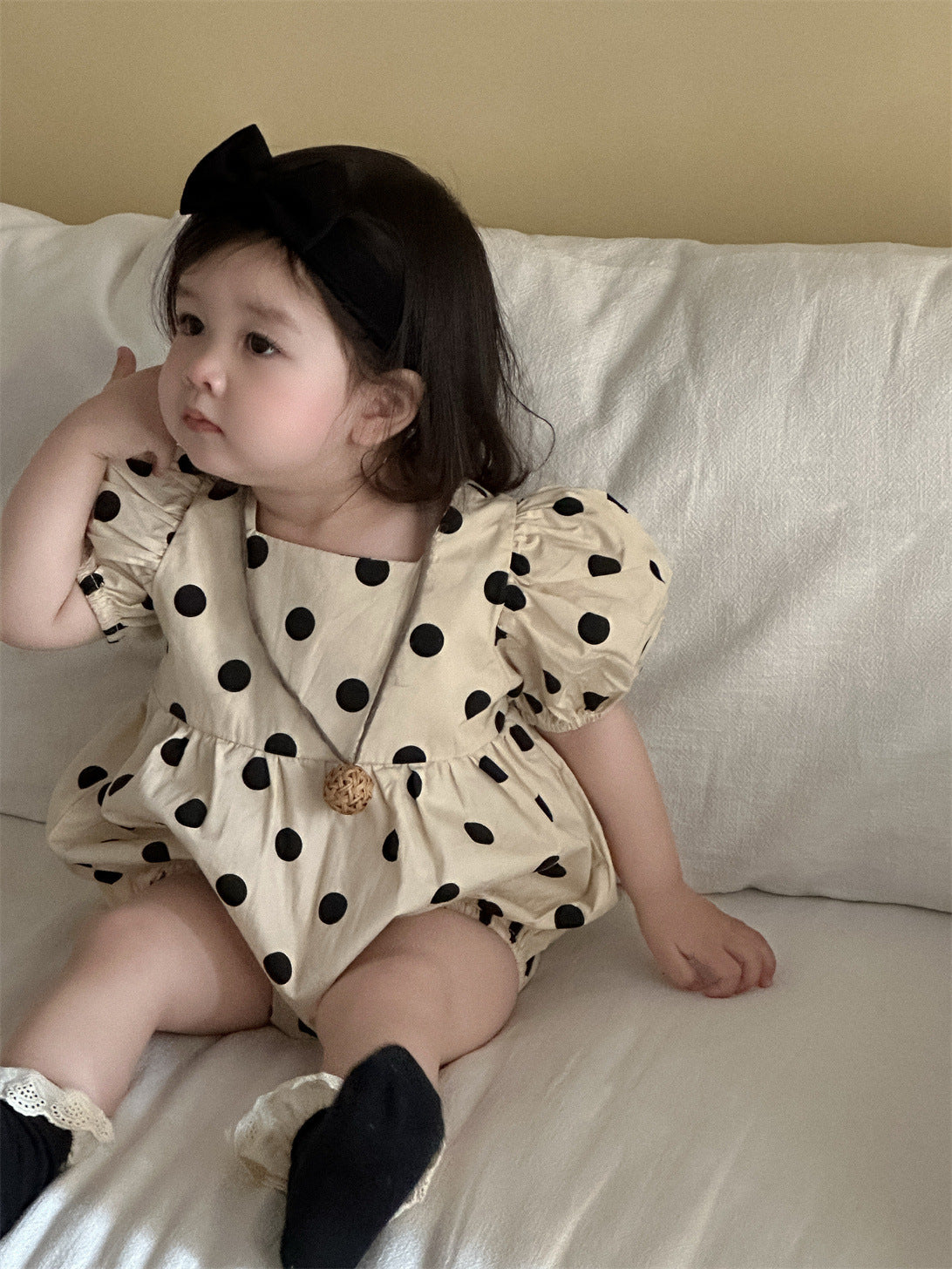 Children's Summer Puff Sleeve Thin Romper Korean Style Clothing Polka Dot Jumpsuit, Climbing Suit