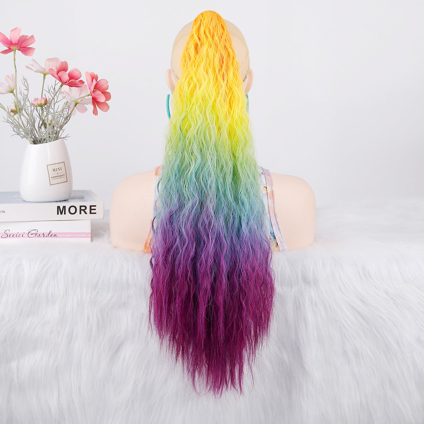 Women's Color Long Curly Hair Grip Dyed Corn Curler Water Ripple Wig Ponytail