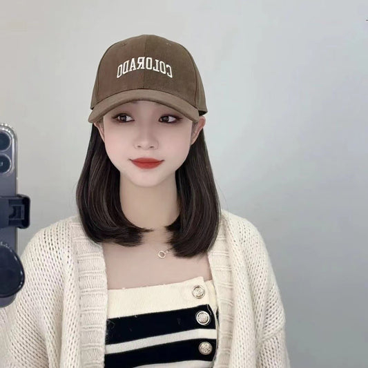 Trendy Korean Style Peaked Baseball Cap Mid-length Wig Short Straight Hair