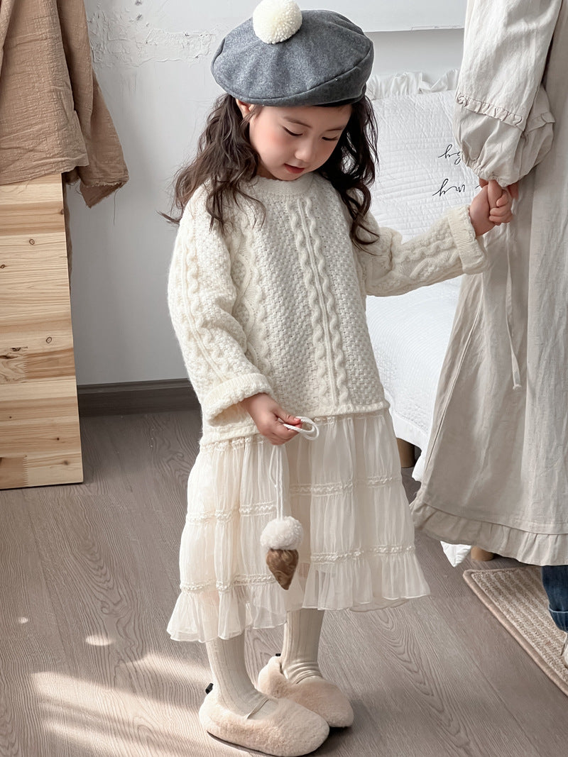 Children's Korean Style Clothing Sweater Stitching Mesh Princess Knitted Children's Dress